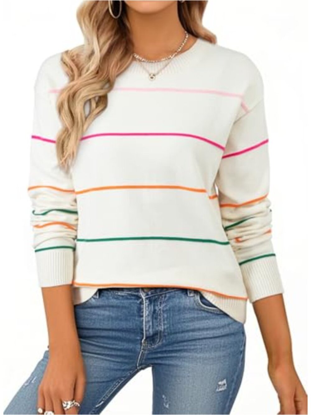 Women's Crew Neck Knit Striped Pullover Sweater Long Sleeve Casual Top